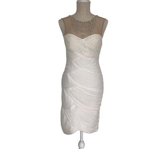 Cache size 2 white dress with tan mesh neckline and rhinestones